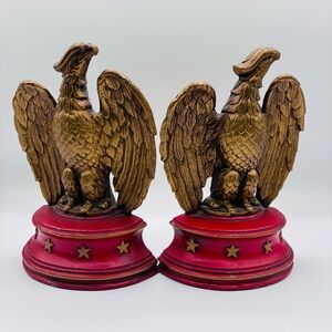 Antique Sexton USA Metal Gold Eagle Bookends w/ Red Star Base Patriotic America